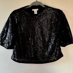 H&M Black Sequin Crop Top T-Shirt, Party Top